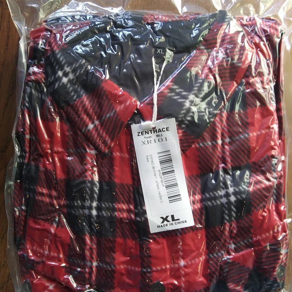 Mens XL Fleece button up red, black and white plaid